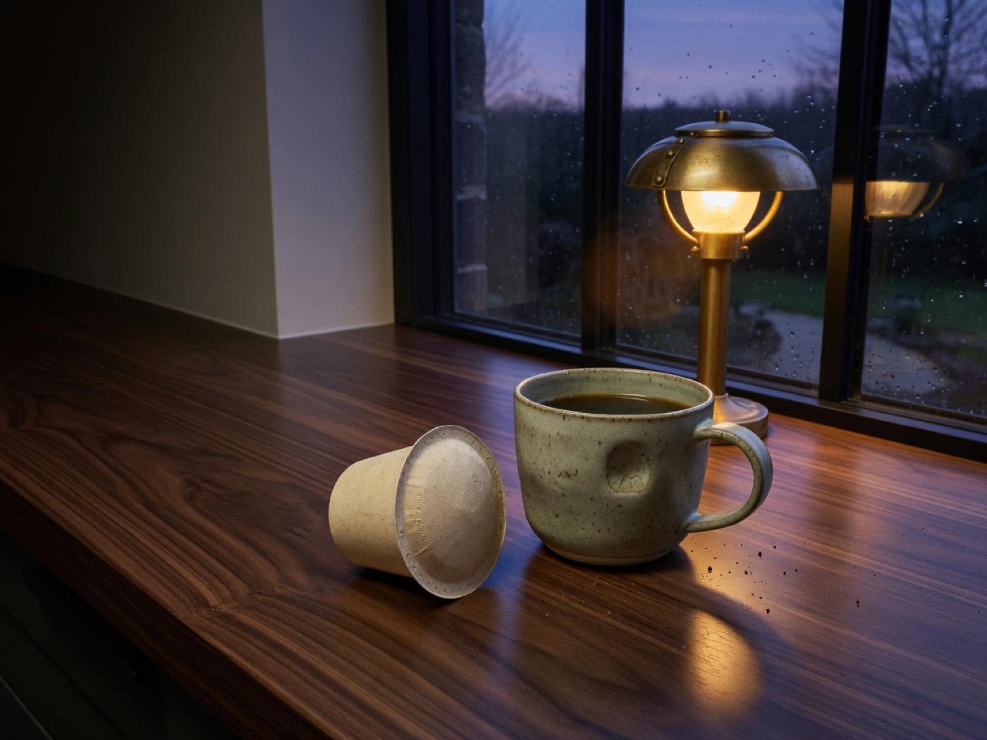 A compostable coffee pod beside a mug on a walnut counter at dusk, a small lamp glowing in the window